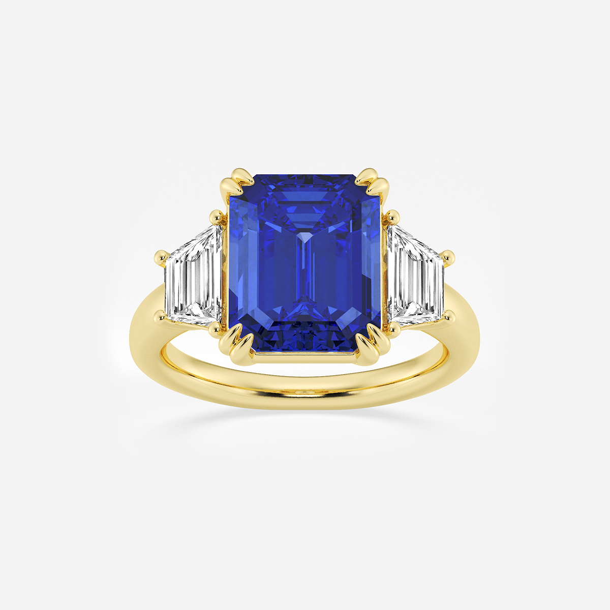 6 ctw Emerald Cut Sapphire and Trapezoid Lab Grown Diamond Three-Stone Engagement Ring
