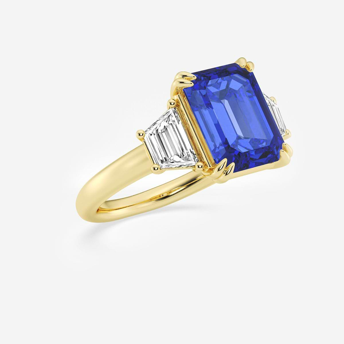 Yellow Gold Emerald Cut Blue Sapphire Engagement Ring Lab Sapphire hot Simulated Diamond Three Stone Art Deco Sterling Silver Wedding Ring