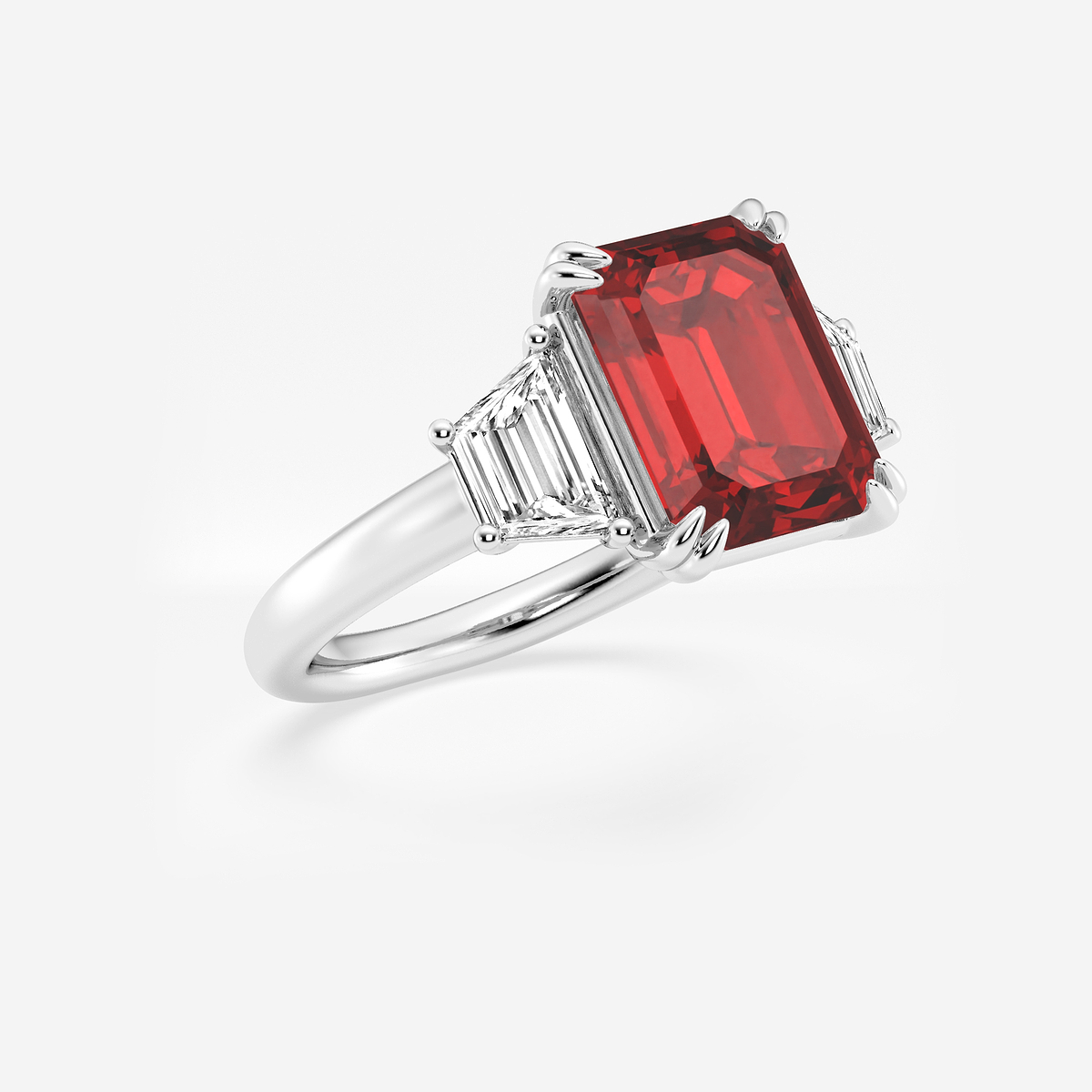 Additional Image 1 for  6 ctw Emerald Cut Ruby and Trapezoid Lab Grown Diamond Three-Stone Engagement Ring
