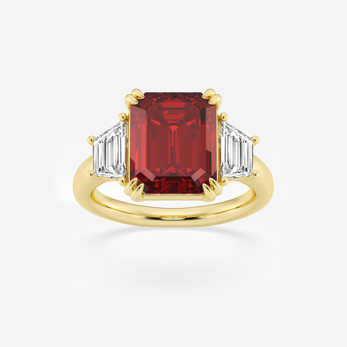 6 ctw Emerald Cut Ruby and Trapezoid Lab Grown Diamond Three-Stone Engagement Ring 14K Yellow Gold