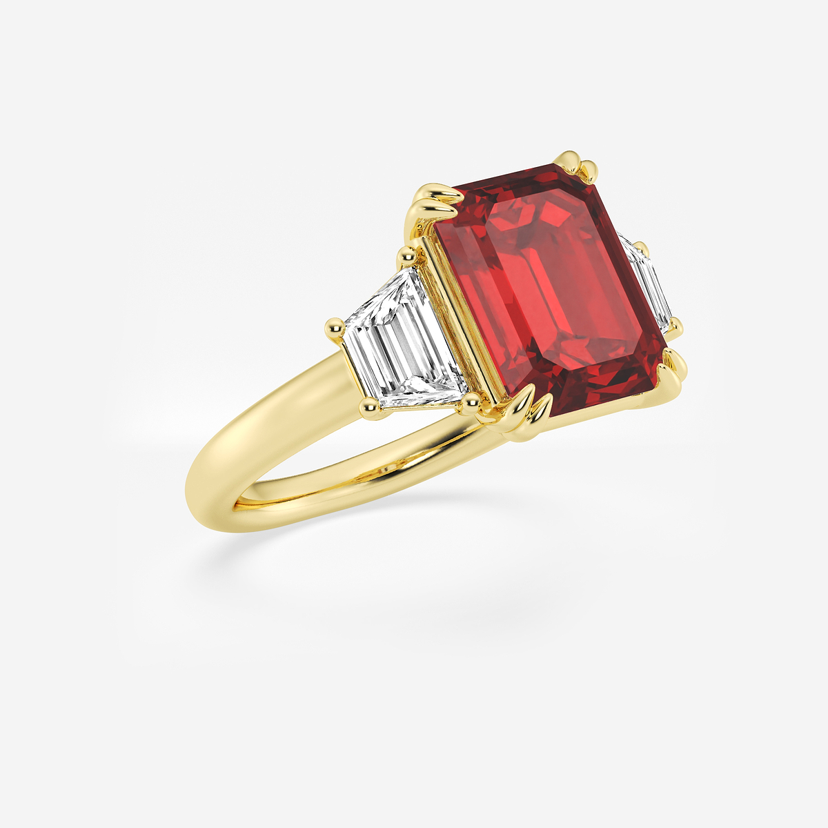 6 ctw Emerald Cut Ruby and Trapezoid Lab Grown Diamond Three-Stone Engagement Ring 14K Yellow Gold