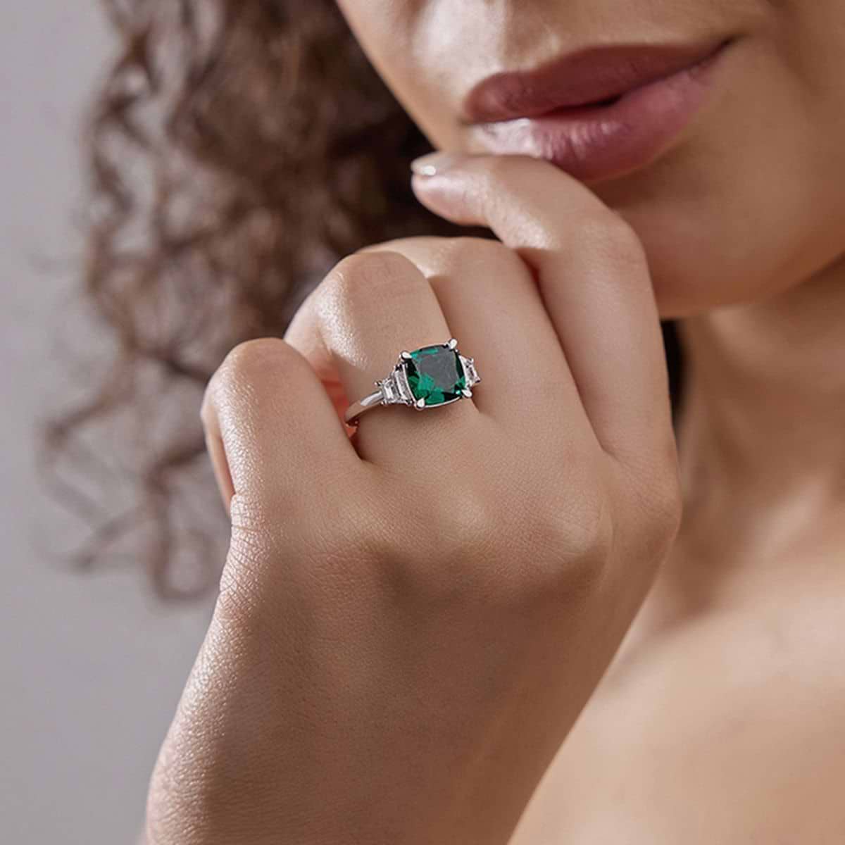 9 mm Cushion Cut Created Emerald and 5/8 ctw Lab Grown Diamond Three-Stone Engagement Ring