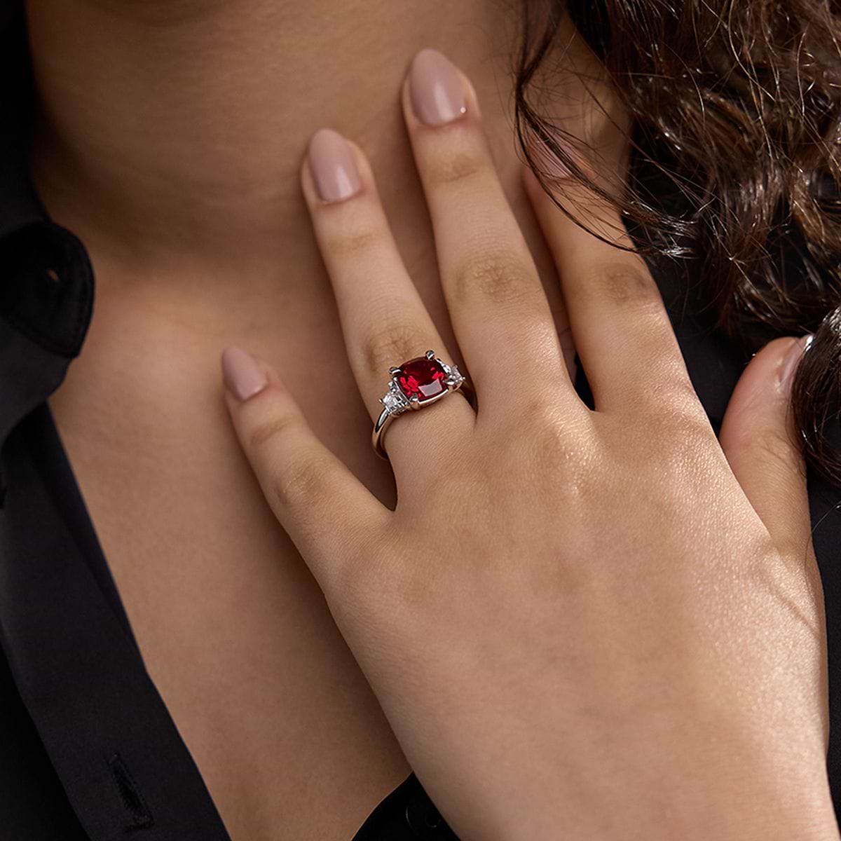 9 mm Cushion Cut Created Ruby and 5/8 ctw Lab Grown Diamond Three-Stone Engagement Ring