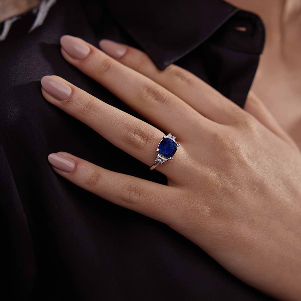 9mm Cushion Cut Created Sapphire and 5/8 ctw Lab Grown Diamond Three-Stone Engagement Ring
