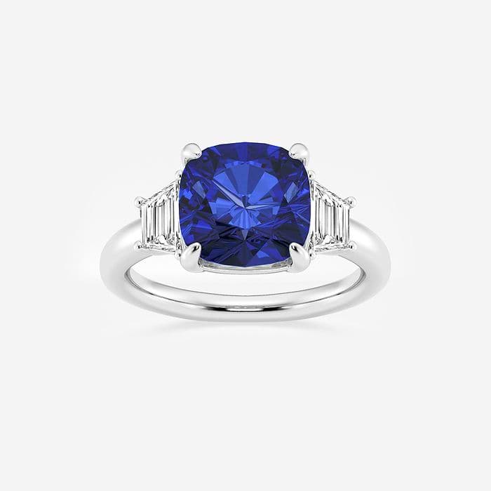 9mm Cushion Cut Created Sapphire and 5/8 ctw Lab Grown Diamond Three-Stone Engagement Ring