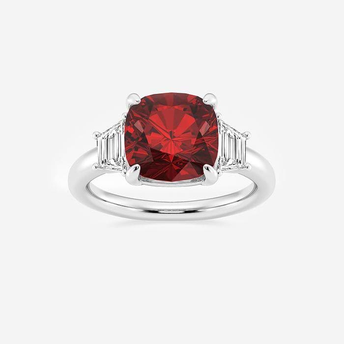 9 mm Cushion Cut Created Ruby and 5/8 ctw Lab Grown Diamond Three-Stone Engagement Ring