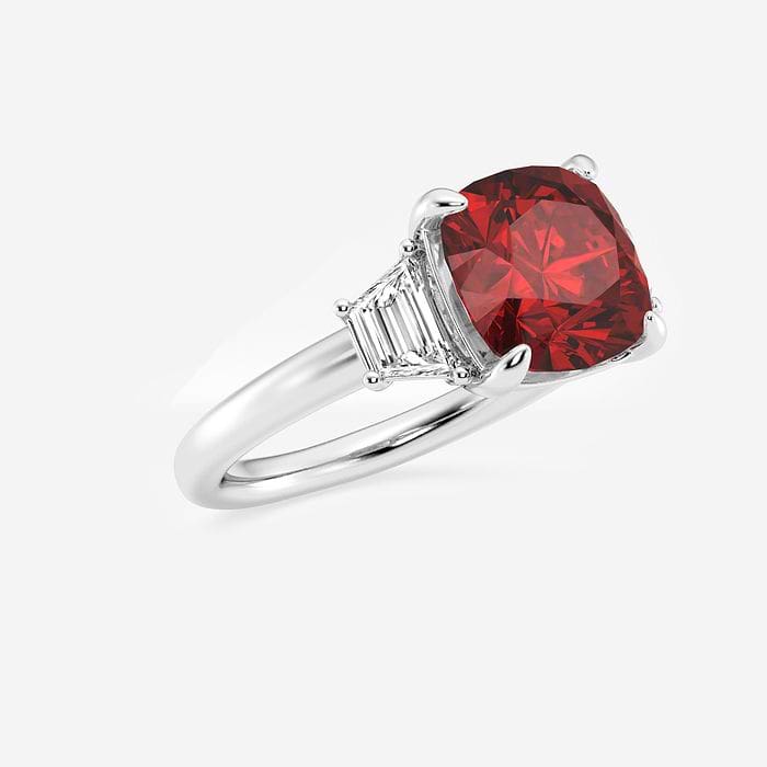9 mm Cushion Cut Created Ruby and 5/8 ctw Lab Grown Diamond Three-Stone Engagement Ring