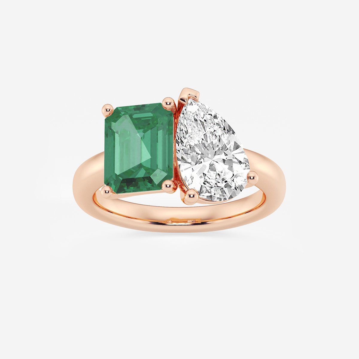 9x7mm Created Emerald and 2 1/2 Pear Cut Lab Grown Diamond Two Stone Engagement Ring
