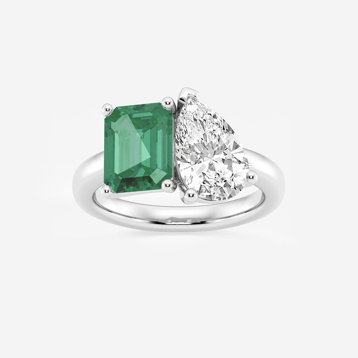 9x7mm Created Emerald and 2 1/2 Pear Cut Lab Grown Diamond Two Stone Engagement Ring