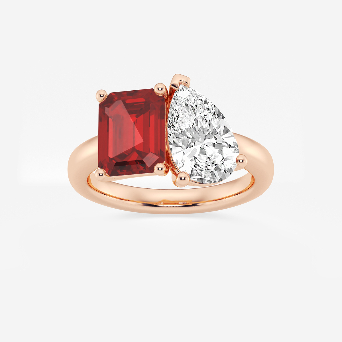 9x7mm Emerald Cut Created Ruby and 2 1/2 ctw Pear Cut Lab Grown Diamond Two Stone Engagement Ring