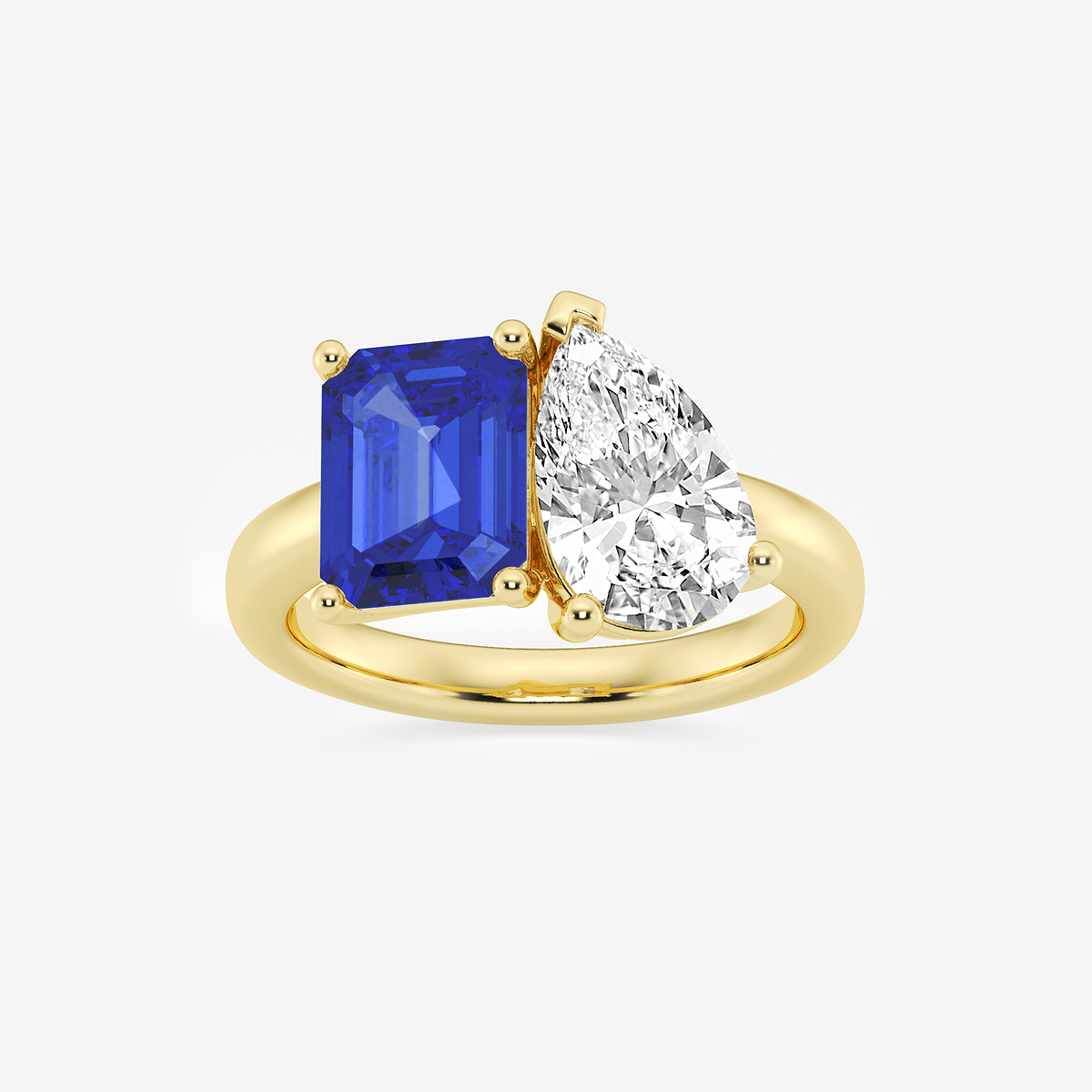9x7mm Emerald Cut Created Sapphire and 2 1/2 ctw Pear Cut Lab Grown Diamond Two Stone Engagement Ring