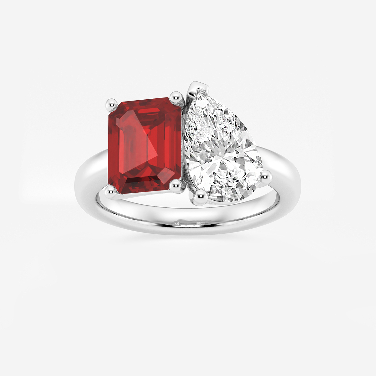 9x7mm Emerald Cut Created Ruby and 2 1/2 ctw Pear Cut Lab Grown Diamond Two Stone Engagement Ring