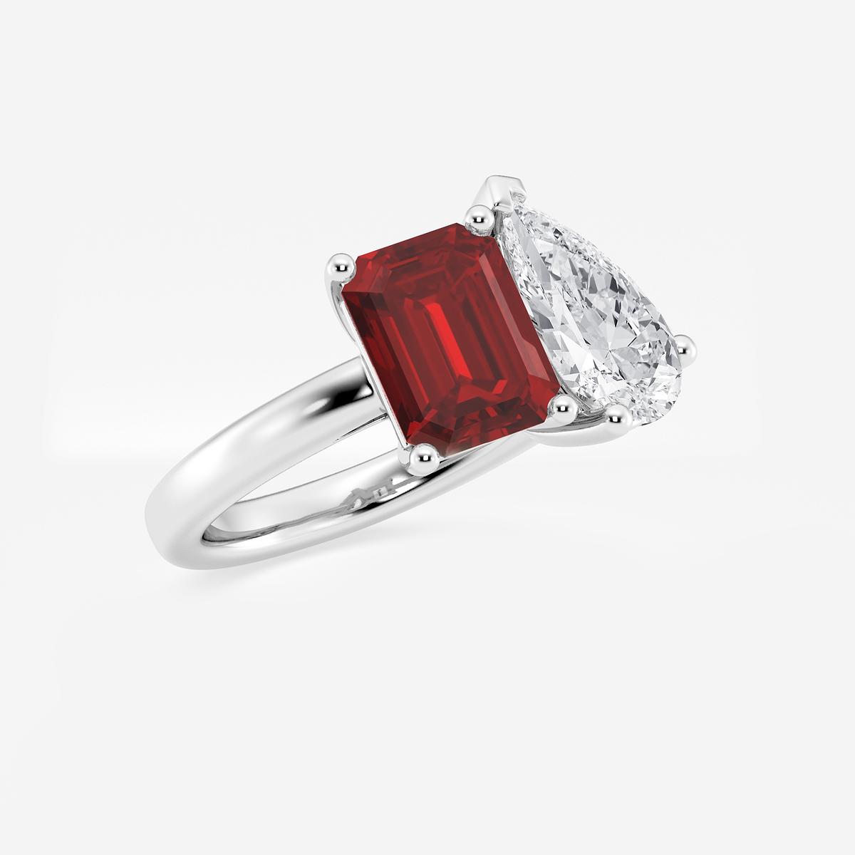 Additional Image 1 for  9x7mm Emerald Cut Created Ruby and 2 1/2 ctw Pear Cut Lab Grown Diamond Two Stone Engagement Ring