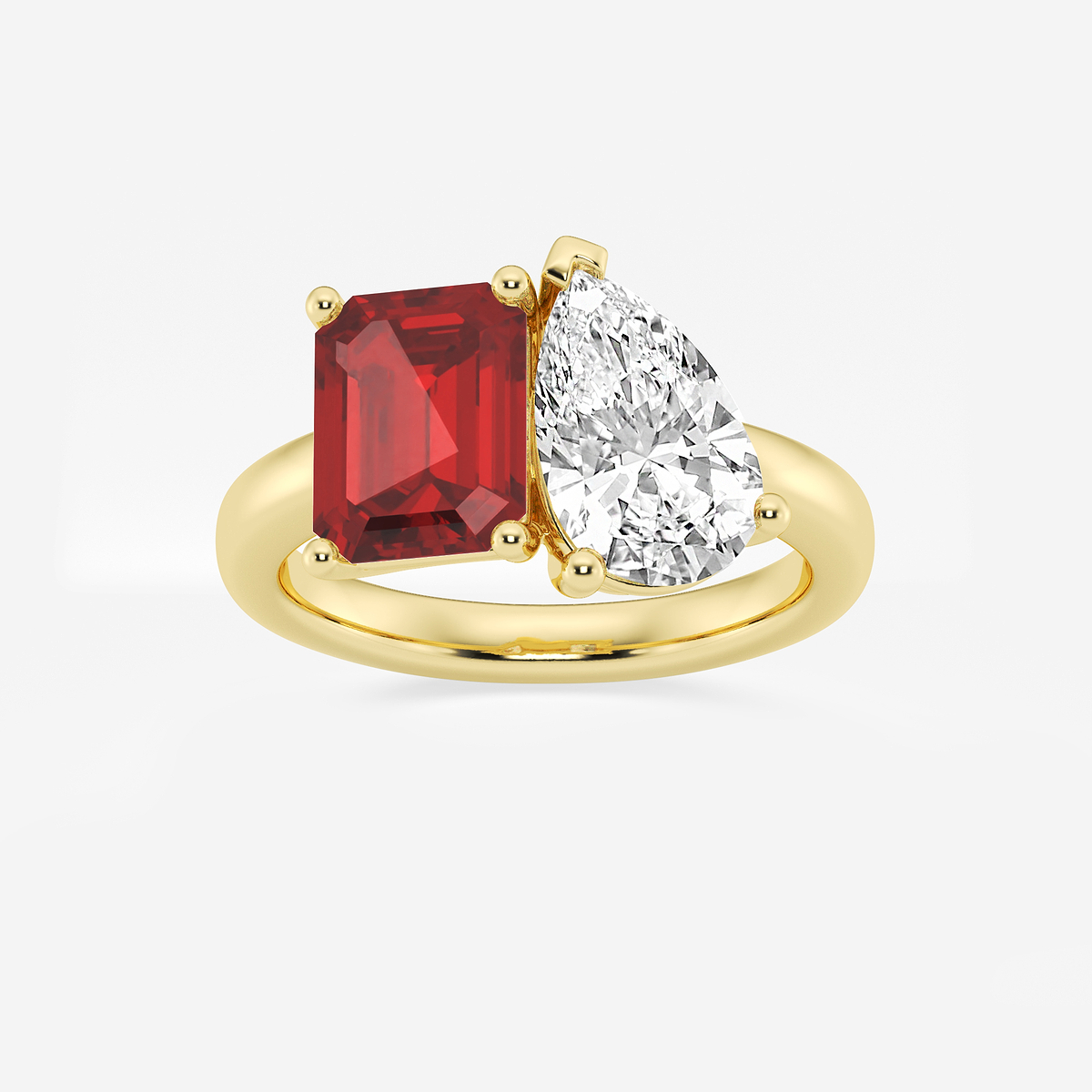 9x7mm Emerald Cut Created Ruby and 2 1/2 ctw Pear Cut Lab Grown Diamond Two Stone Engagement Ring