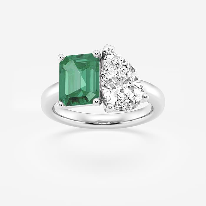9x7mm Created Emerald and 2 3/8 Pear Cut Lab Grown Diamond Two Stone Engagement Ring