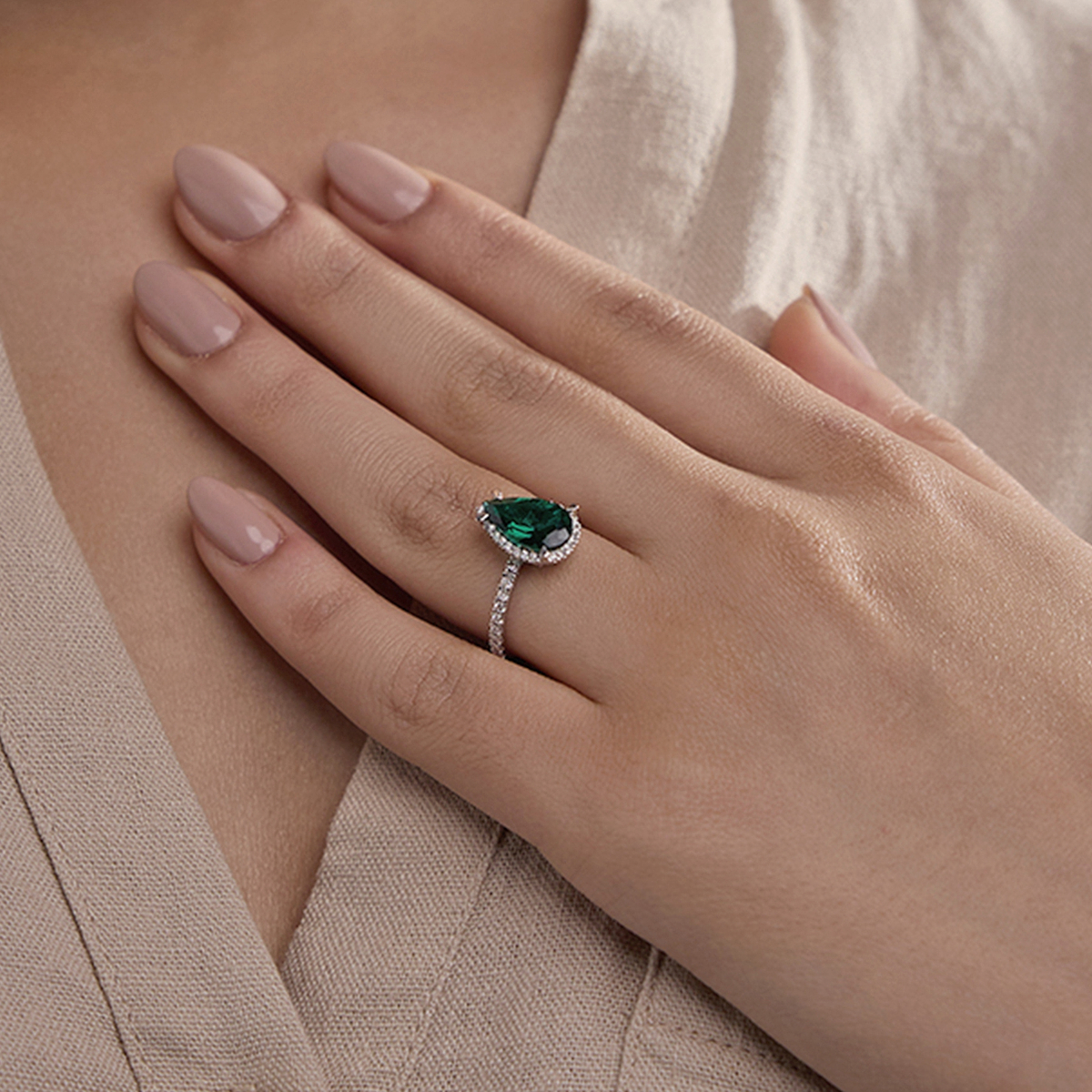 3 ctw Pear Cut Emerald and Round Lab Grown Diamond Halo Engagement Ring