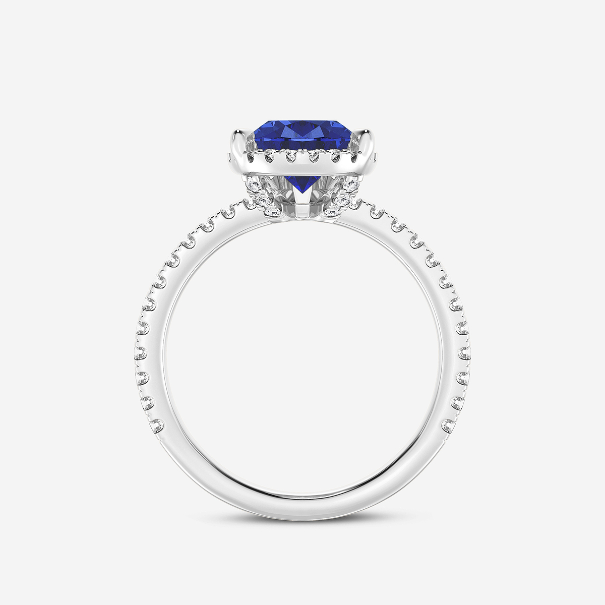 12x7mm Pear Cut Created Sapphire and 1/2 ctw Lab Grown Diamond Hidden Halo Engagement Ring 14K White Gold