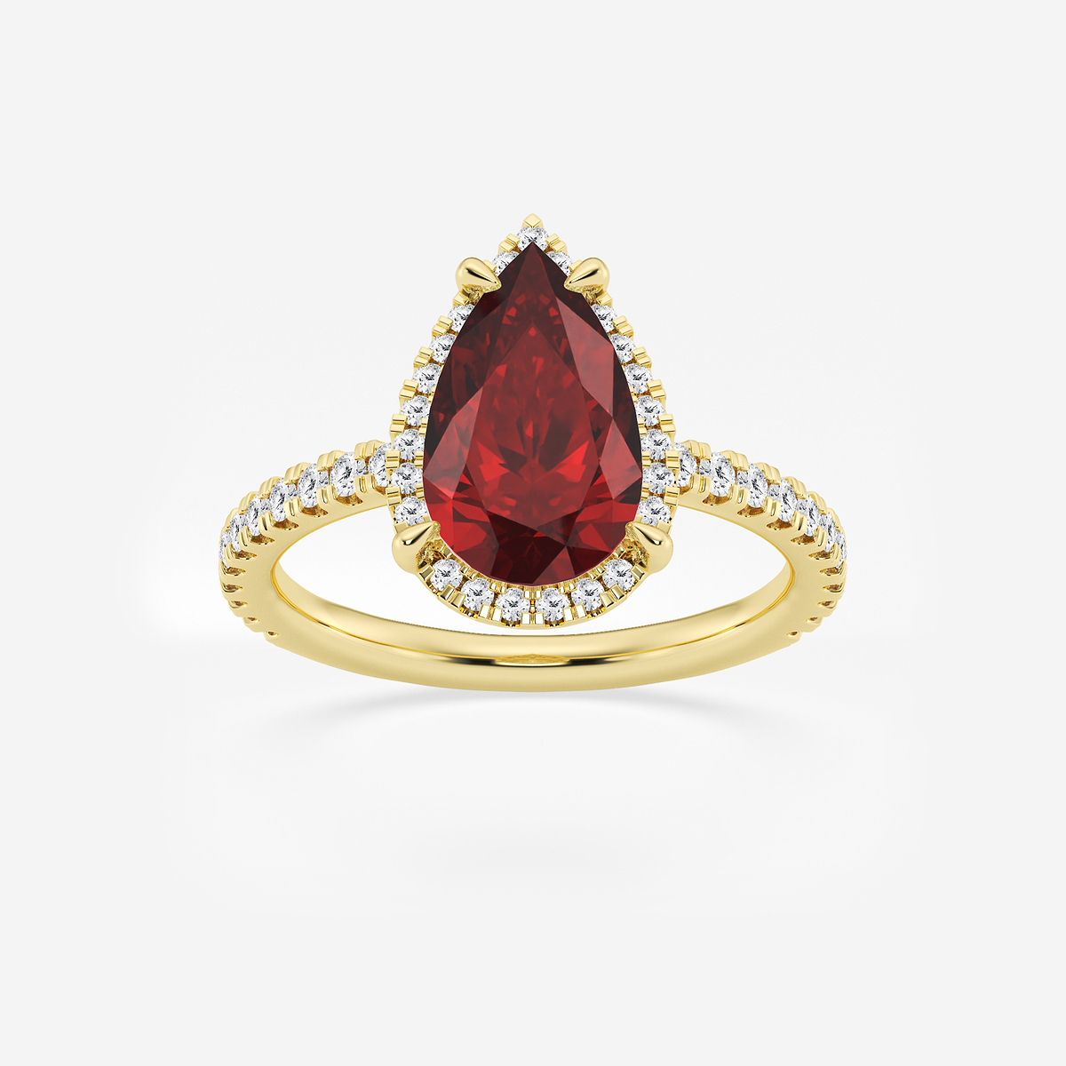 3 ctw Pear Cut Ruby and Round Lab Grown Diamond Halo Engagement Ring 14K Yellow Gold