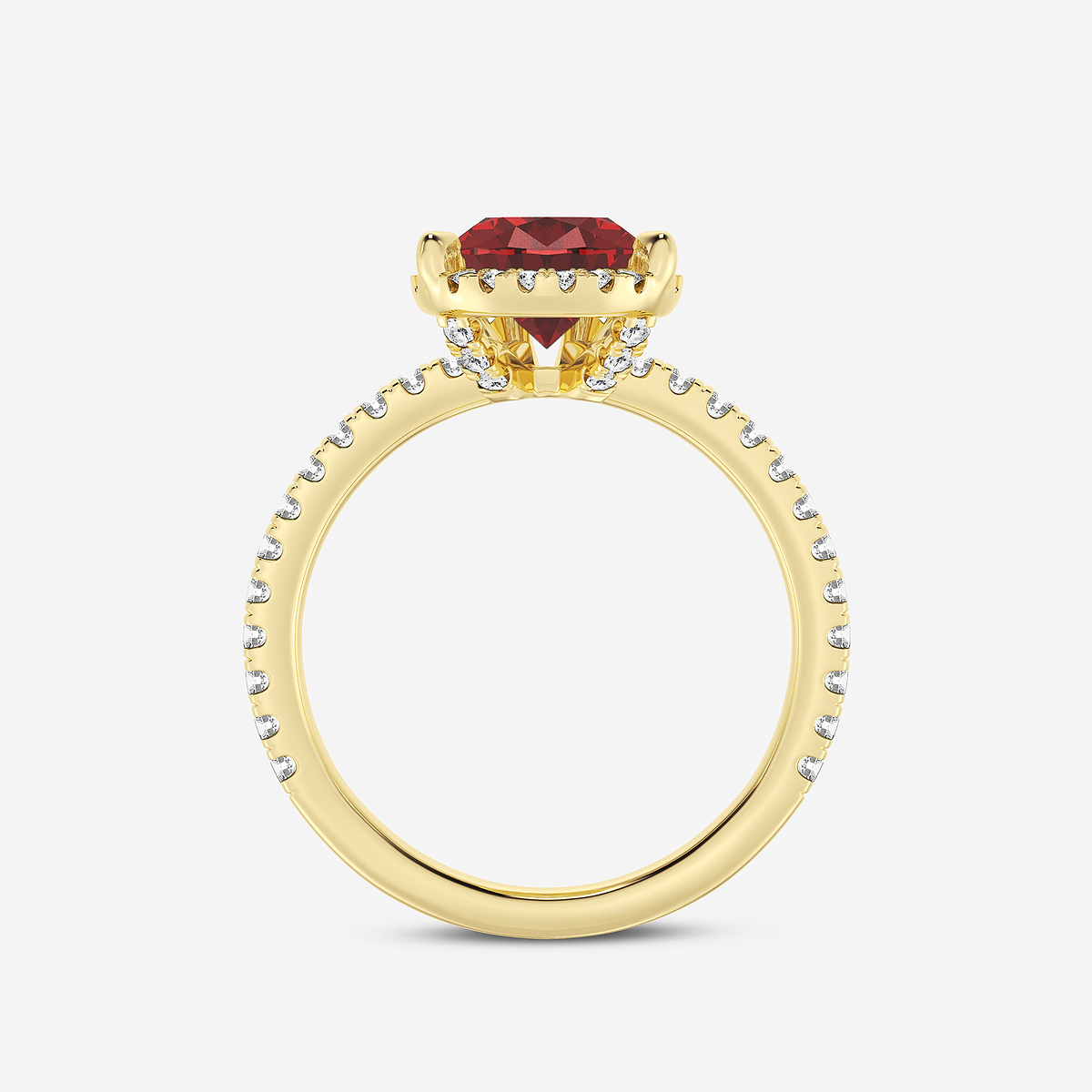 3 ctw Pear Cut Ruby and Round Lab Grown Diamond Halo Engagement Ring 14K Yellow Gold