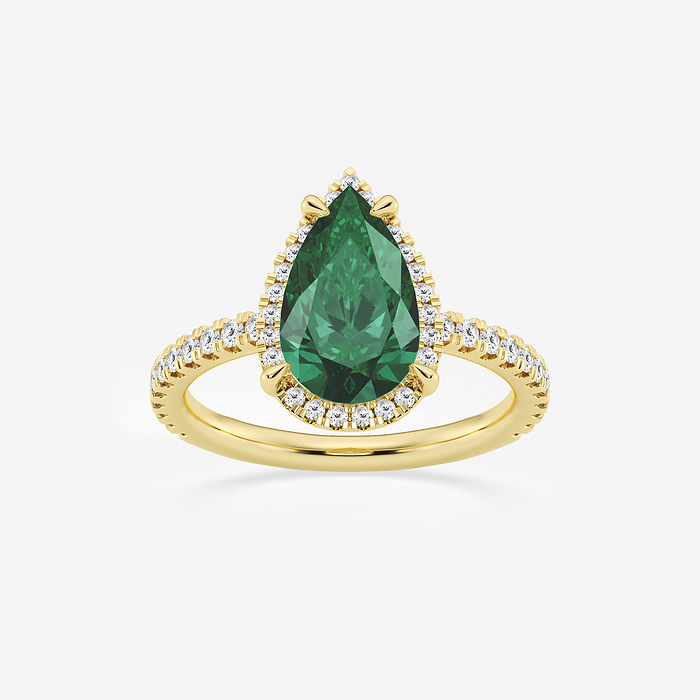 Daffodil - 12x7 mm Pear Cut Emerald and 1/2 ctw Round Lab Grown Diamond Halo Engagement Ring