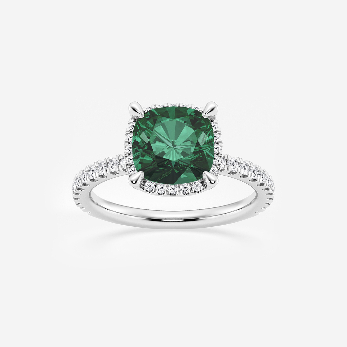 8 mm Cushion Cut Created Emerald and 2/5 ctw Lab Grown Diamond Halo Engagement Ring