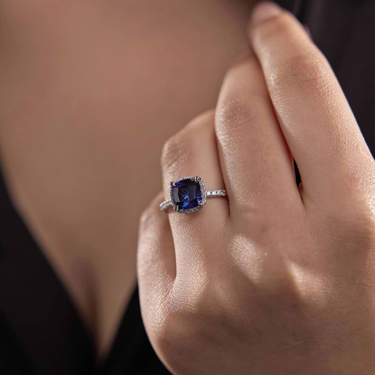 8 mm Cushion Cut Created Sapphire and 2/5 ctw Lab Grown Diamond Halo Engagement Ring