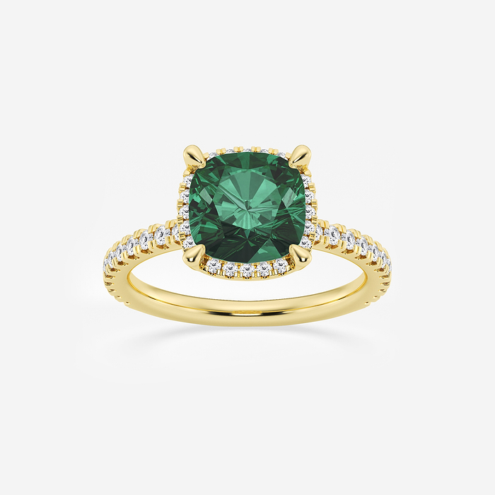Daffodil - 8 mm Cushion Cut Emerald and 2/5 ctw Lab Grown Diamond Halo Engagement Ring