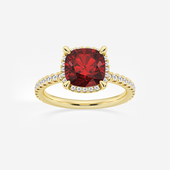 Daffodil - 8 mm Cushion Cut Ruby and 2/5 ctw Lab Grown Diamond Halo Engagement Ring