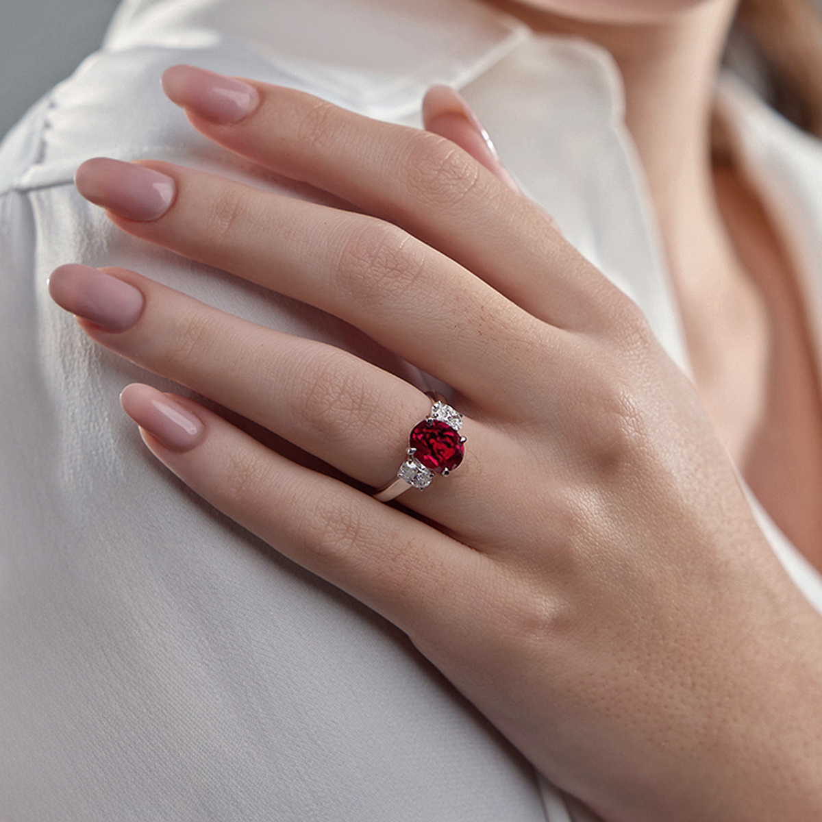 3 2/5 ctw Oval Cut Ruby and Oval Lab Grown Diamond Three-Stone Engagement Ring