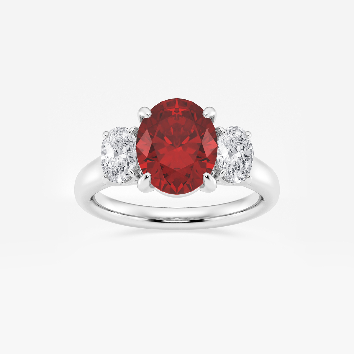 10x8 mm Oval Cut Ruby and 7/8 ctw Oval Lab Grown Diamond Three-Stone Engagement Ring