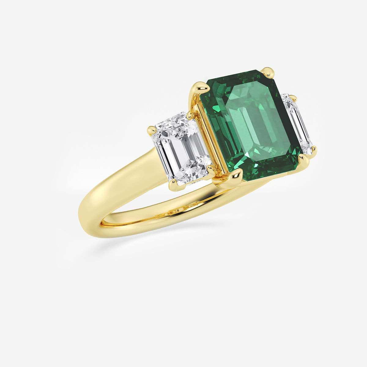 10x8 mm Created Emerald and 1 3/8 ctw Lab Grown Diamond Three-Stone Engagement Ring 14K Yellow Gold