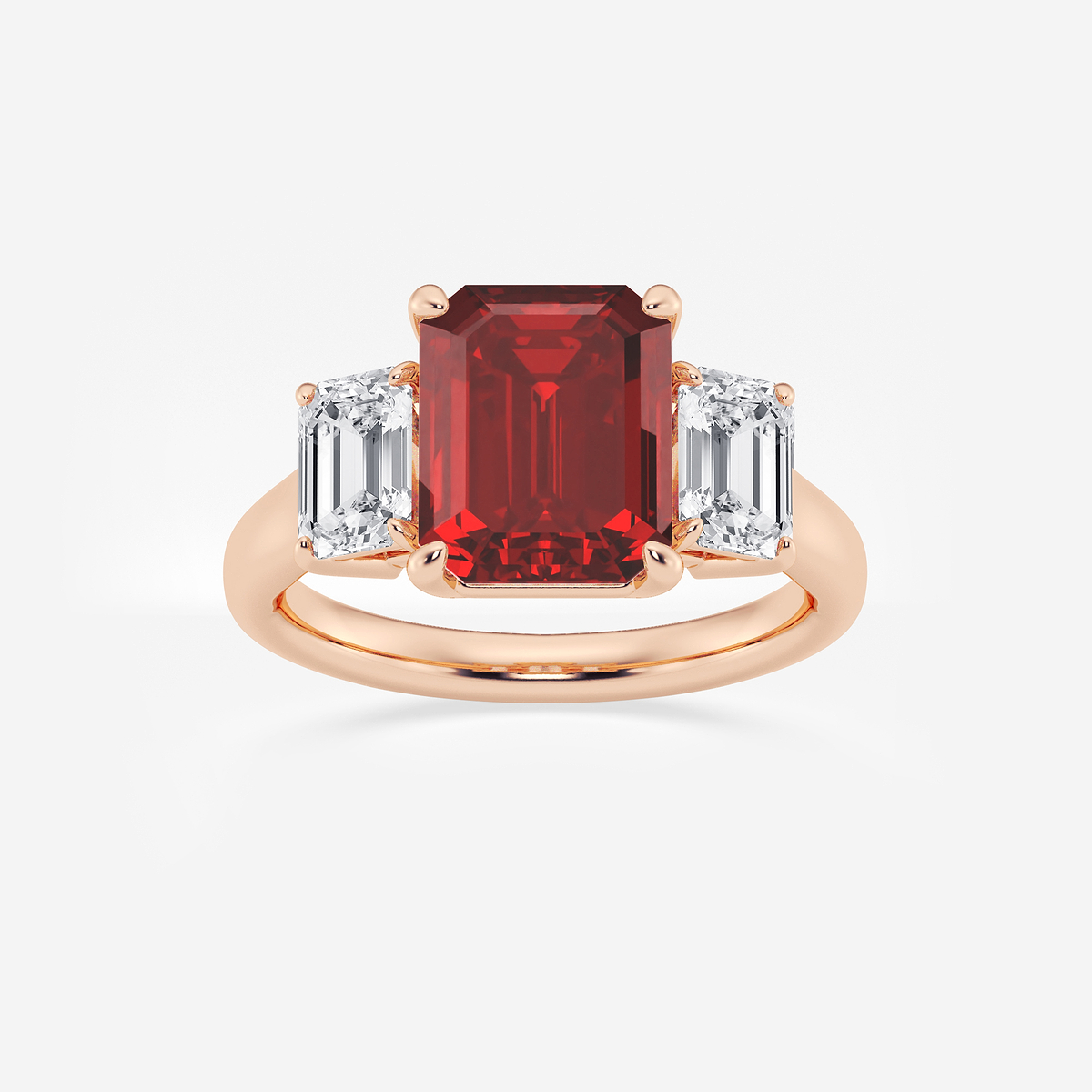 5 3/8 ctw Emerald Cut Ruby and Emerald Lab Grown Diamond Three-Stone Engagement Ring
