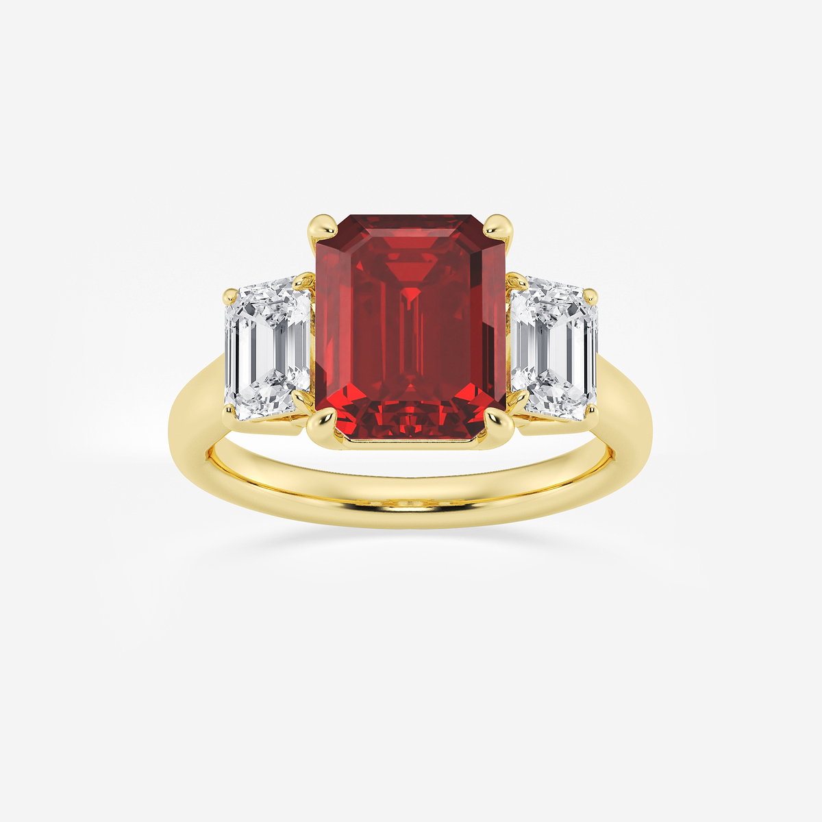 5 3/8 ctw Emerald Cut Ruby and Emerald Lab Grown Diamond Three-Stone Engagement Ring