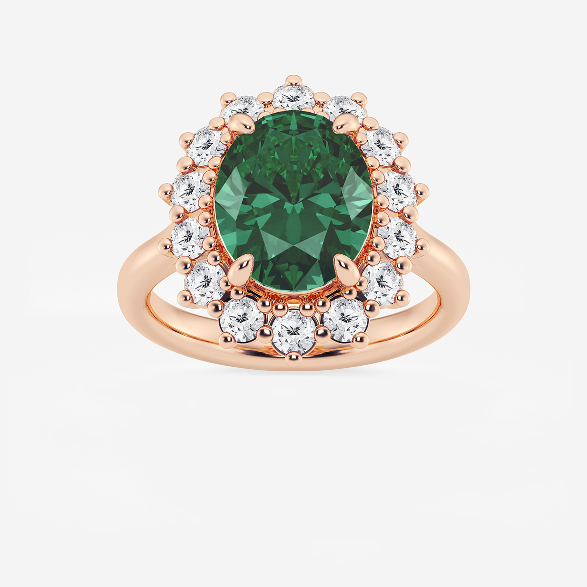 3 7/8 ctw Oval Cut Emerald and Round Lab Grown Diamond Halo Engagement Ring