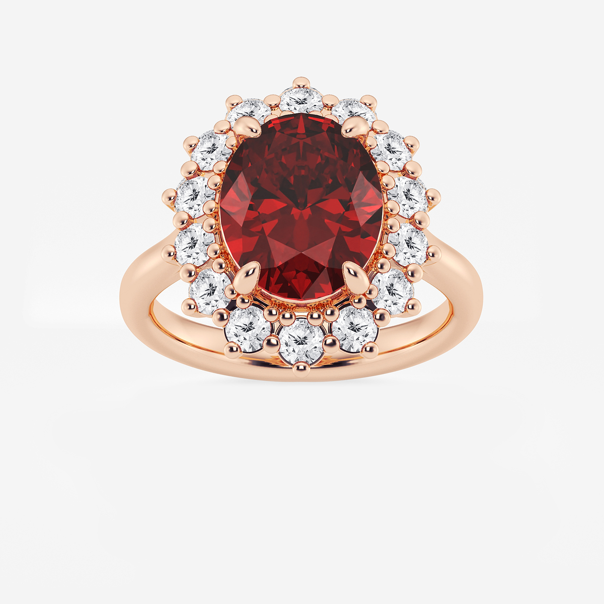 3 7/8 ctw Oval Cut Ruby and Round Lab Grown Diamond Halo Engagement Ring