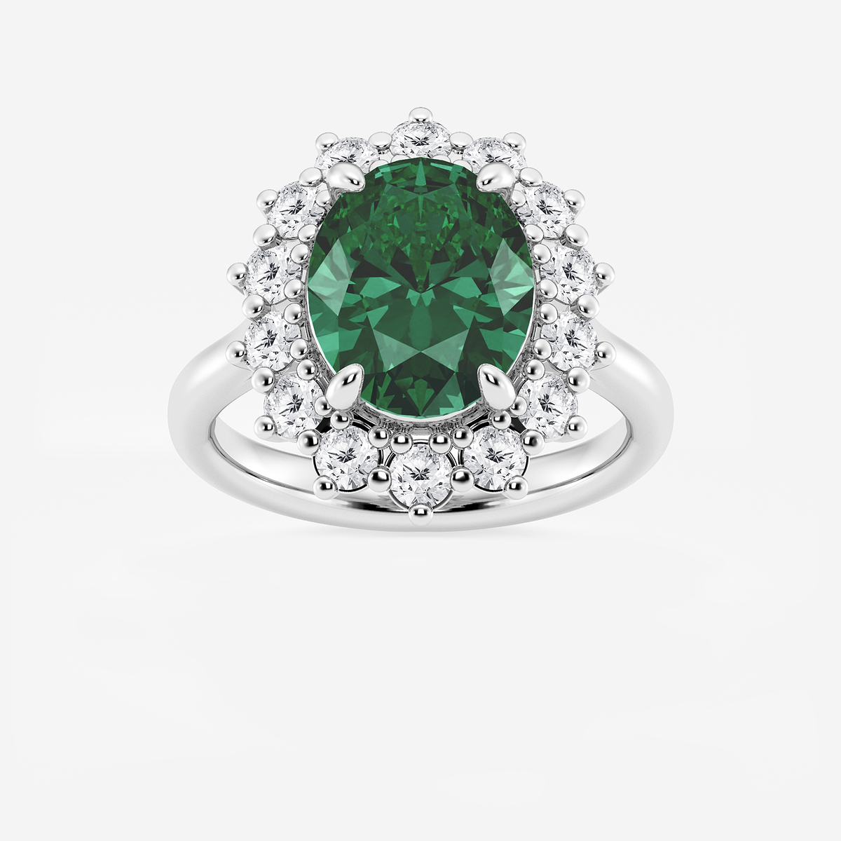 3 7/8 ctw Oval Cut Emerald and Round Lab Grown Diamond Halo Engagement Ring