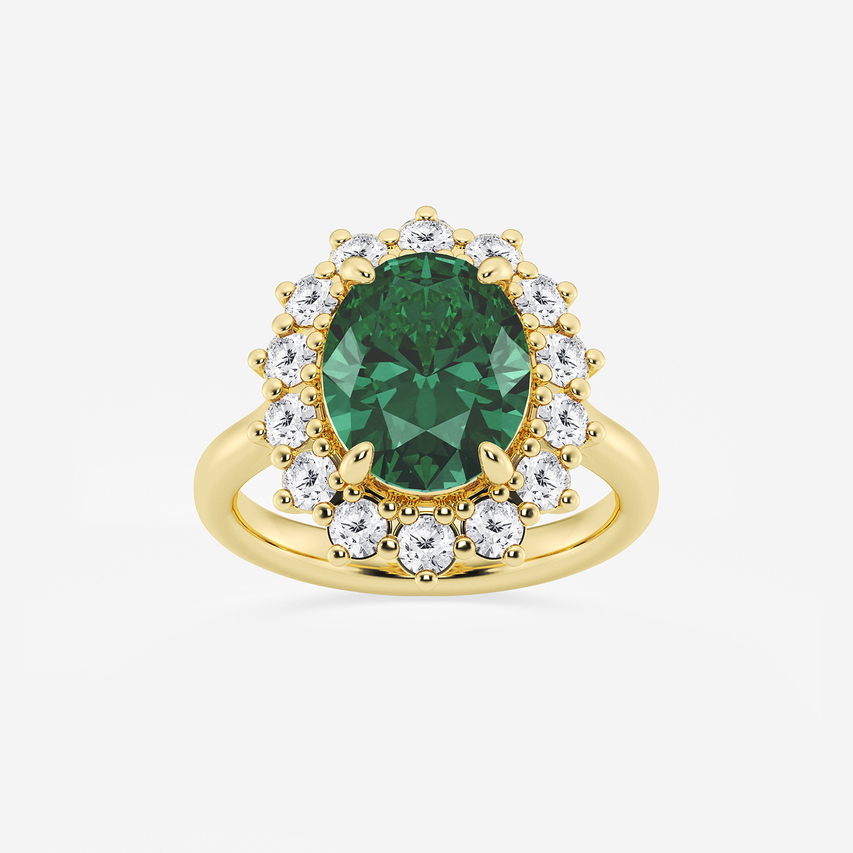 11x9 mm Oval Cut Emerald and 7/8 ctw Round Lab Grown Diamond Halo Engagement Ring