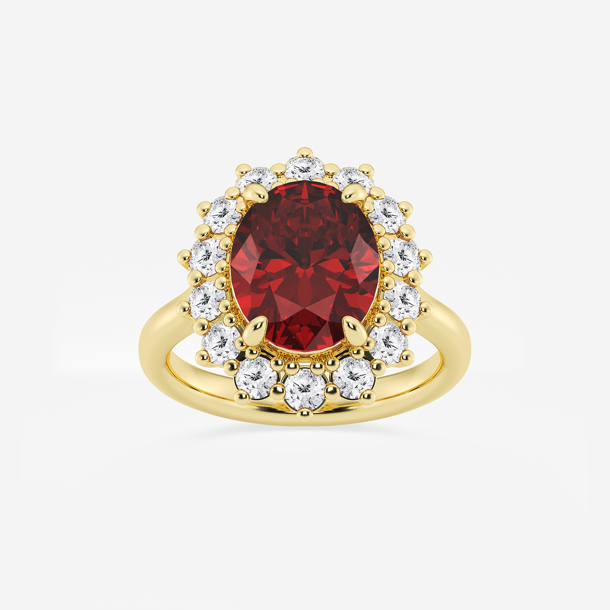 3 7/8 ctw Oval Cut Ruby and Round Lab Grown Diamond Halo Engagement Ring