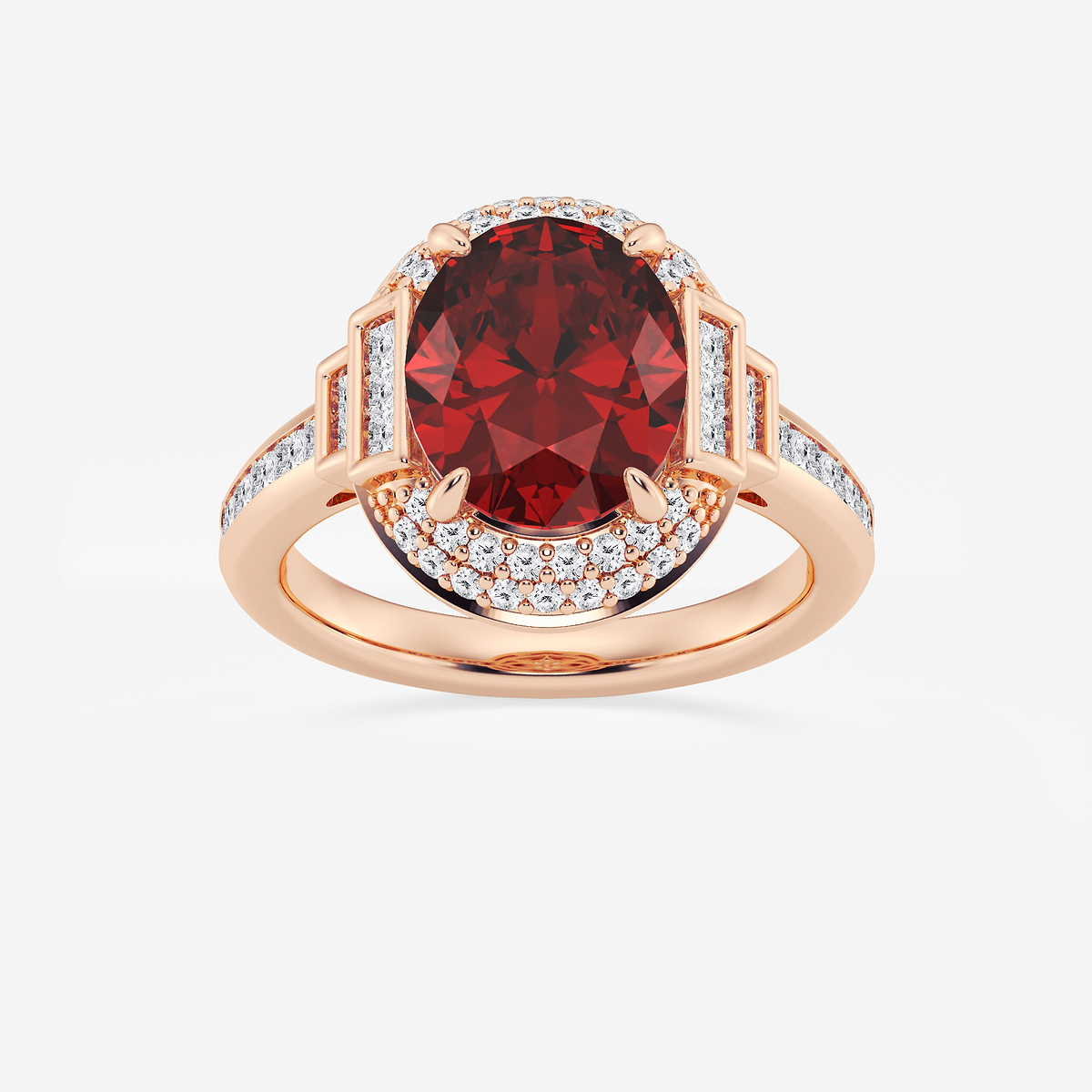 3 3/4 ctw Oval Cut Ruby with Round & Princess Lab Grown Diamond Side Stone Engagement Ring