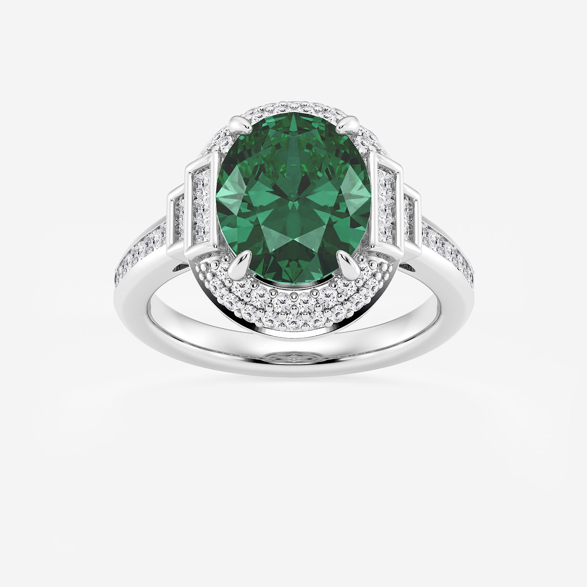 3 3/4 ctw Oval Cut Emerald with Round & Princess Lab Grown Diamond Side Stone Engagement Ring