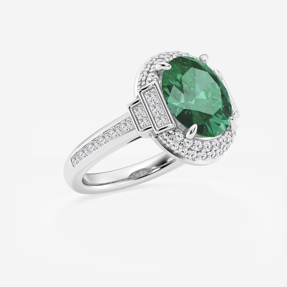 Additional Image 1 for  3 3/4 ctw Oval Cut Emerald with Round & Princess Lab Grown Diamond Side Stone Engagement Ring