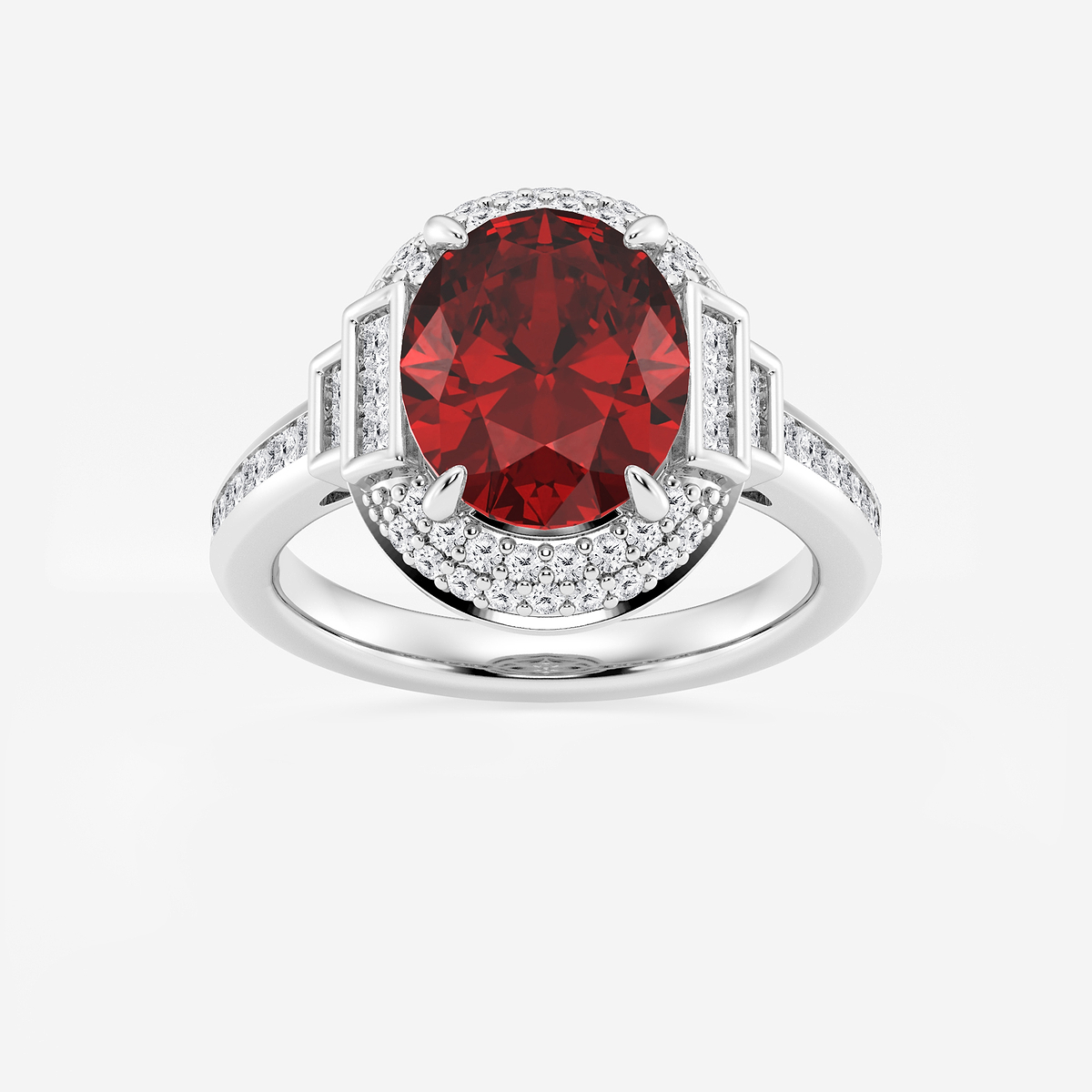 3 3/4 ctw Oval Cut Ruby with Round & Princess Lab Grown Diamond Side Stone Engagement Ring