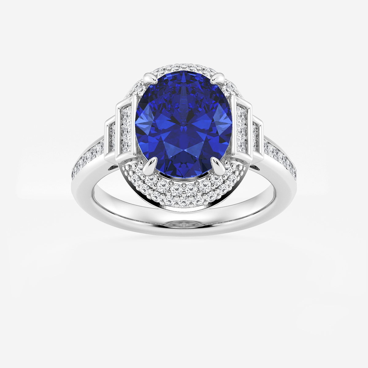 3 3/4 ctw Oval Cut Sapphire with Round & Princess Lab Grown Diamond Side Stone Engagement Ring