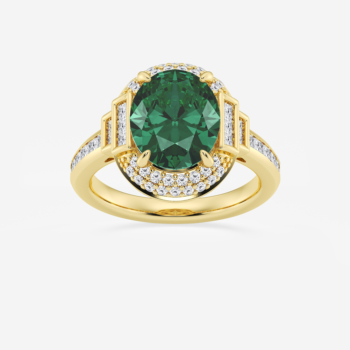 11x9 mm Oval Cut Emerald with 3/4 ctw Round & Princess Lab Grown Diamond Side Stone Engagement Ring