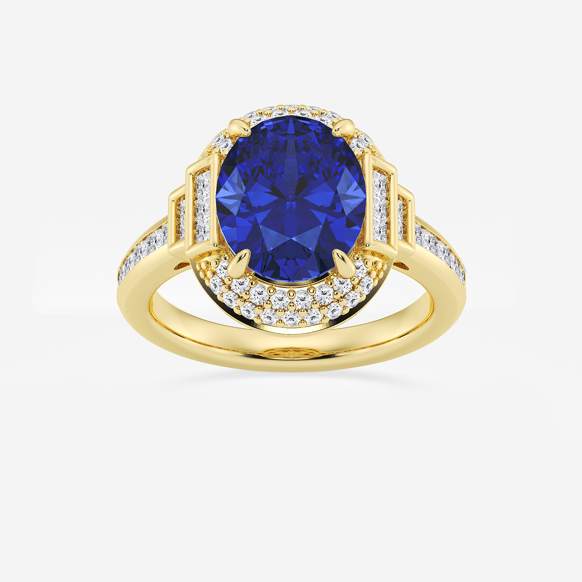 3 3/4 ctw Oval Cut Sapphire with Round & Princess Lab Grown Diamond Side Stone Engagement Ring