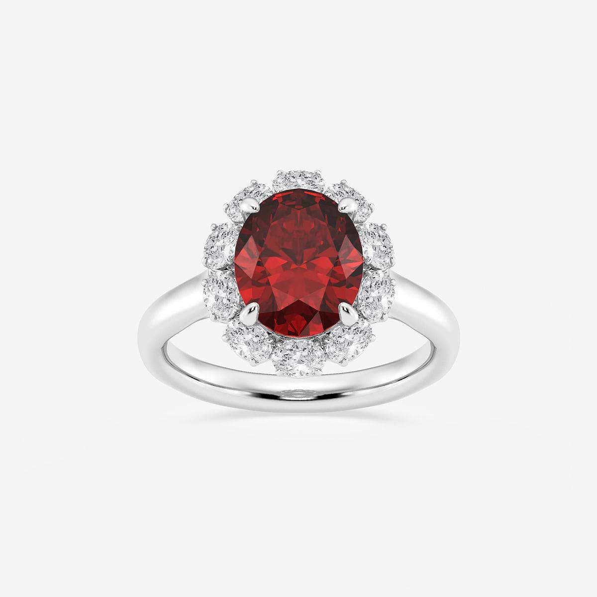 10X8 mm Oval Cut Created Ruby and 5/8 ctw Oval Lab Grown Diamond Halo Engagement Ring