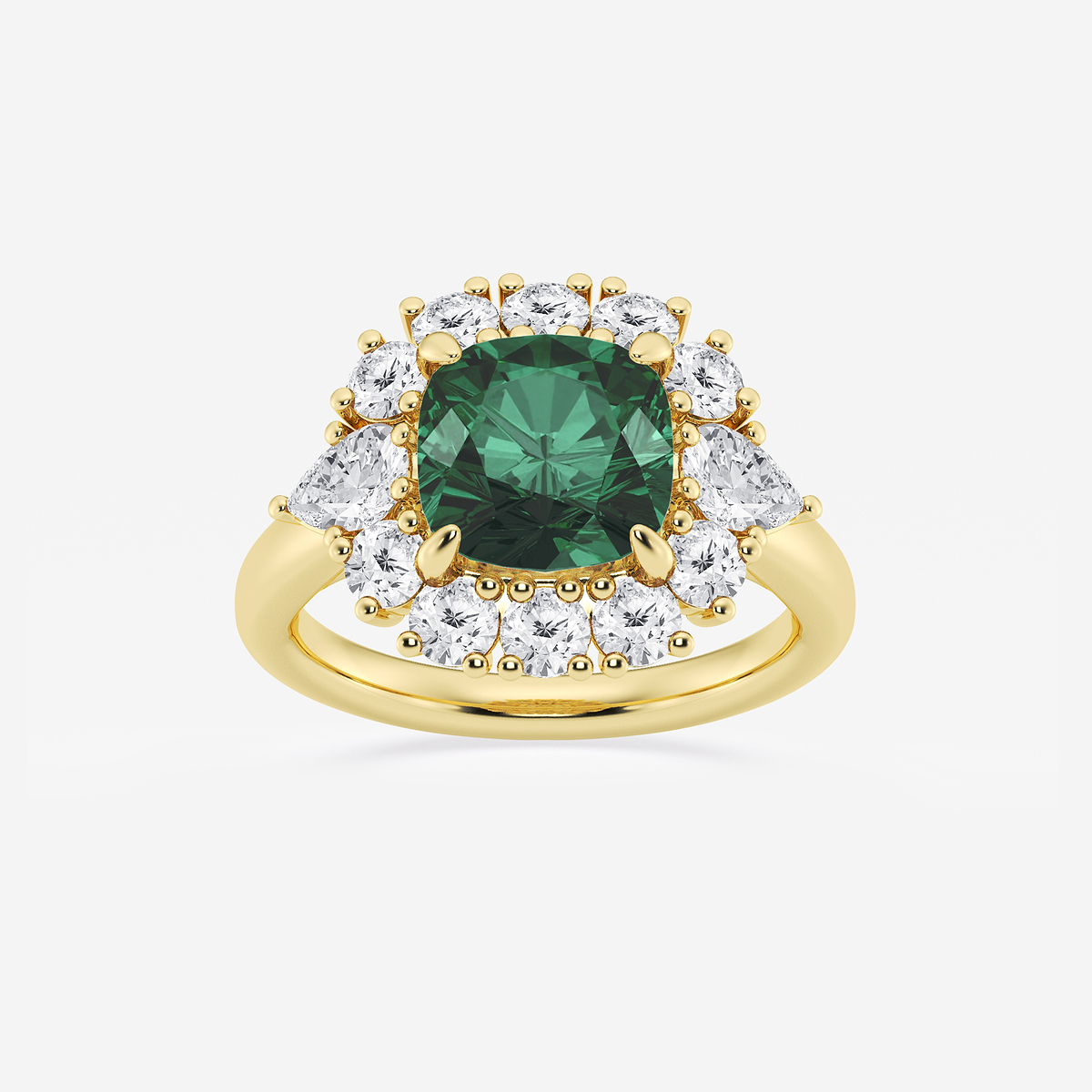 4 1/3 ctw Cushion Cut Emerald with Round & Pear Lab Grown Diamond Halo Engagement Ring