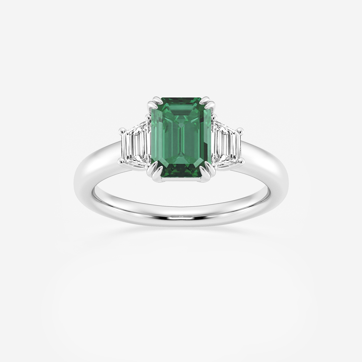 2 1/6 ctw Emerald Cut Emerald and Trapezoid Lab Grown Diamond Three-Stone Engagement Ring