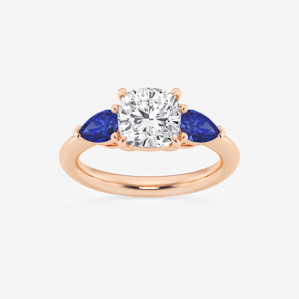 2 ctw Cushion Lab Grown Diamond and 6.0x3.8 mm Pear Shape Created Sapphire Side Stone Engagement Ring