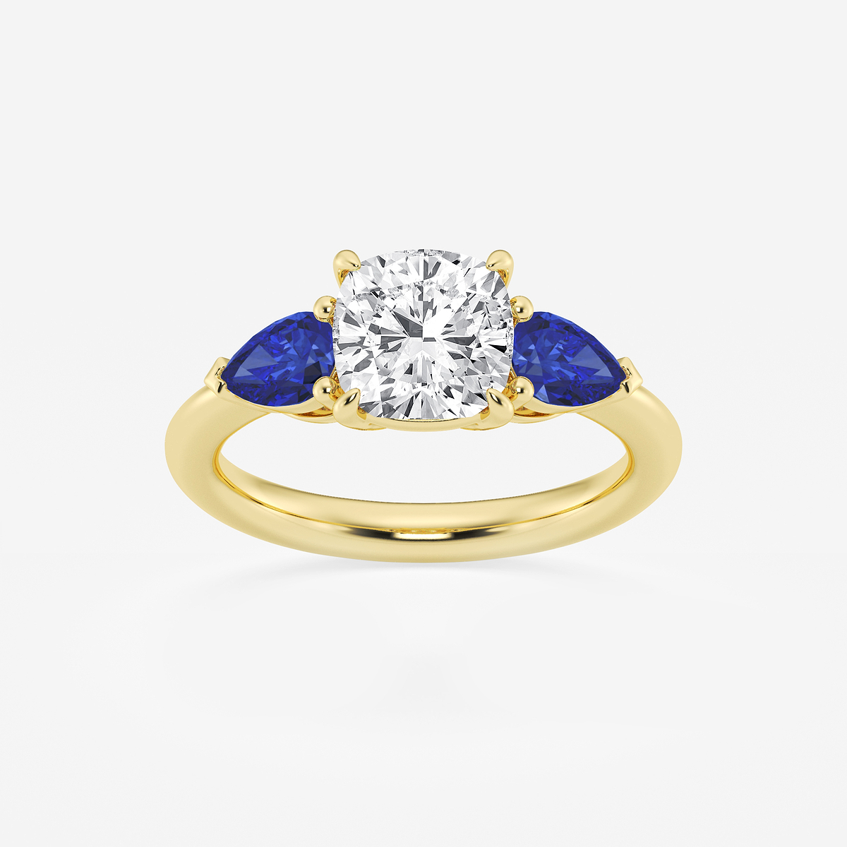 2 ctw Cushion Lab Grown Diamond and 6.0x3.8 mm Pear Shape Created Sapphire Side Stone Engagement Ring